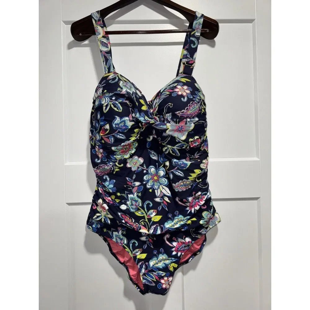 Anne Cole Twist Front 22W Bandeau Removable Straps 1PC Swimsuit Paisley Slimming